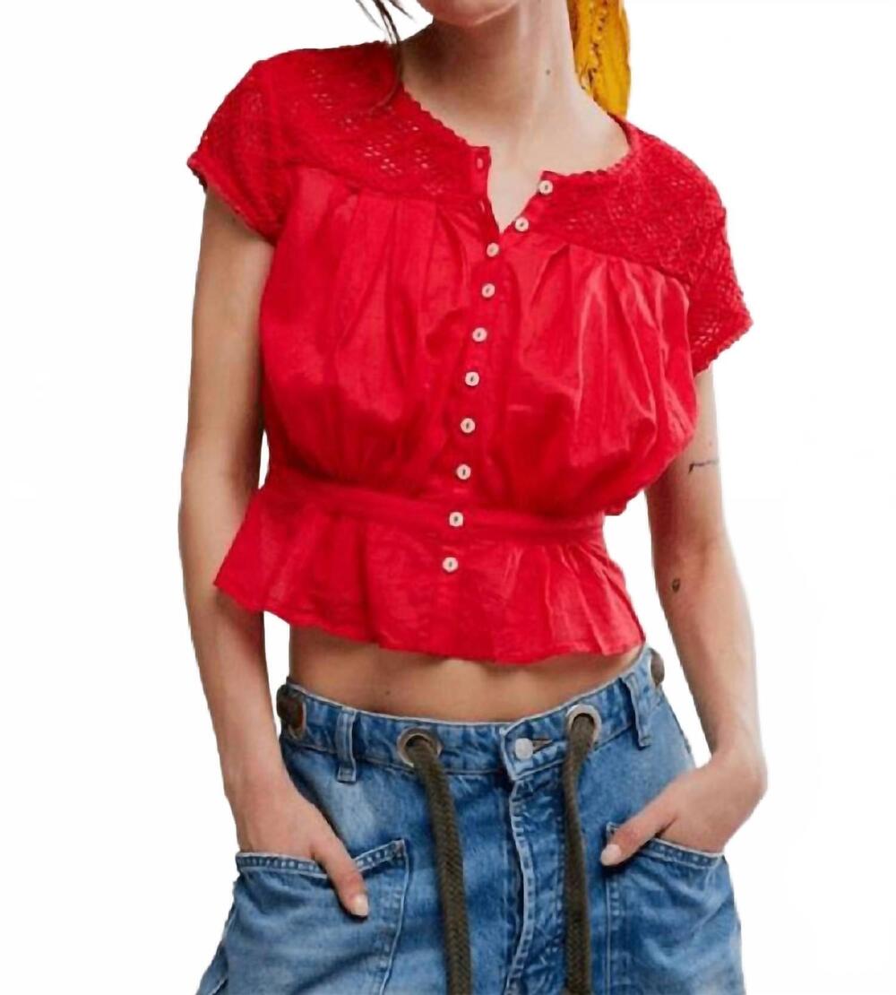 NEW FREE PEOPLE women's gemma embroidered top in high risk red